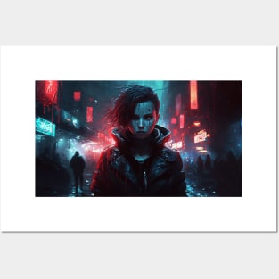 Girl In Rainy Dystopian Cyberpunk City By Night Posters and Art